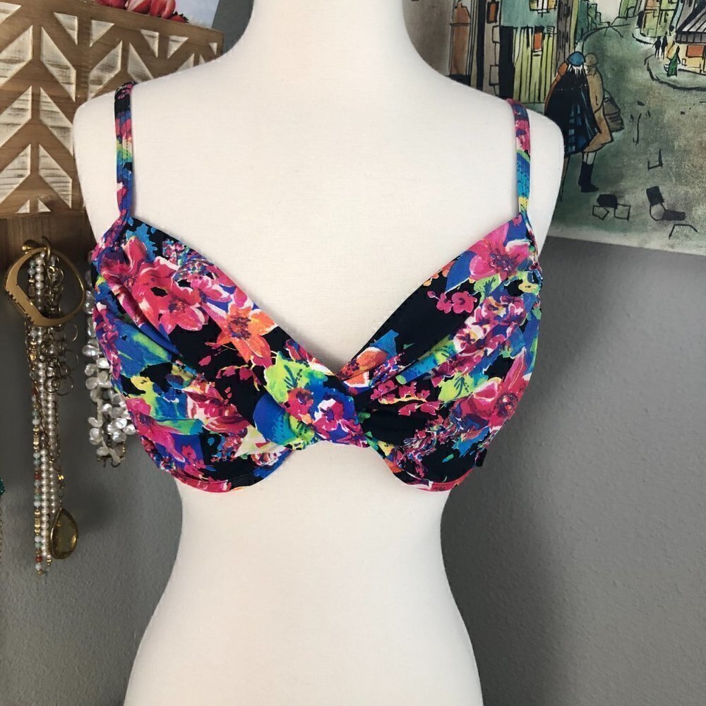 Liz Claiborne Swimsuit Bikini Top Women's size 14 Black Pink Floral NEW